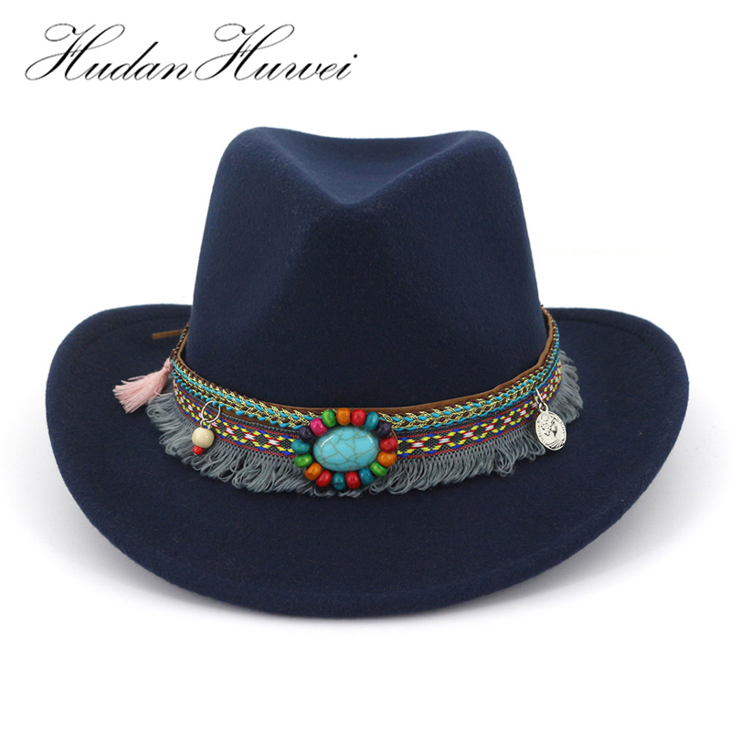 

2020 New Handmade Wool Felt Cowboy Fedora Hats with Ethnic Band Roll Brim Jazz Formal Hat Men Women Carnival Party Trilby Hat, Black
