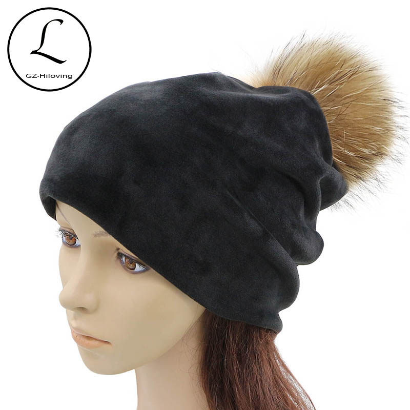 

GZHILOVINGL 2020 Winter Real Fur Pom Ball Soft Warm Thick Velvet Beanies Hat Cap For Women Ladies Girls Solid Color Beanie Hats, Black