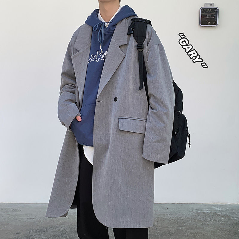 

Autumn Suit Trench Men's Fashion Solid Color Casual Long Coat Men Streetwear Wild Loose Korean Windbreaker Jacket Mens Overcoat, Black