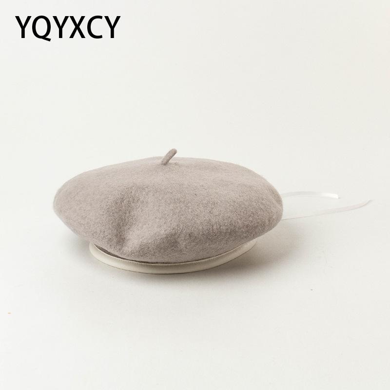 

Wool Beret Hat Women Autumn Winter Hats For Women With Pu Leather Brim Painter Cap Lady Hat Gorras Solid high quality, White