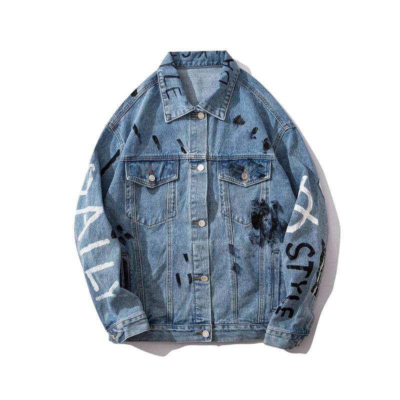 

Harajuku Letter Character Mens Jeans Jacket Oversize Hip Hop Blue Jaqueta Masculino Denim Jacket Chaqueta Hombre Bomber