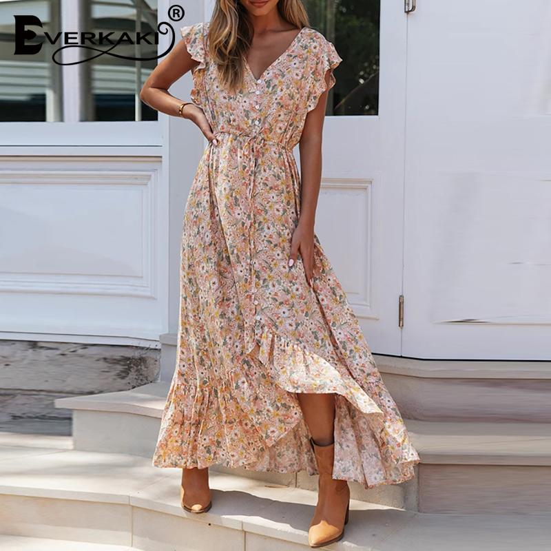 

Everkaki Floral Print Long Dress Boho Summer Vestidos Irregular Hem Sashes Ladies Gypsy Maxi Dresses Casual Female 2020 New, Green