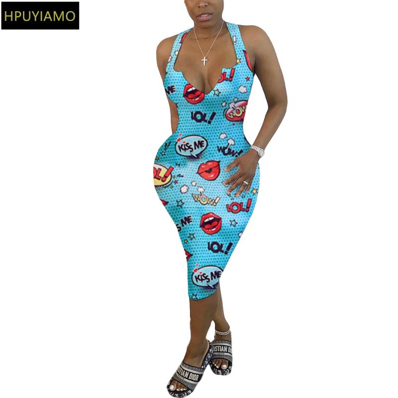 

Letter Printed Harajuku Slim Fit Dress for Women Deep V Neck Sleeveless Bandage Midi Dress Summer Off Shoulder Tank Party, Blue