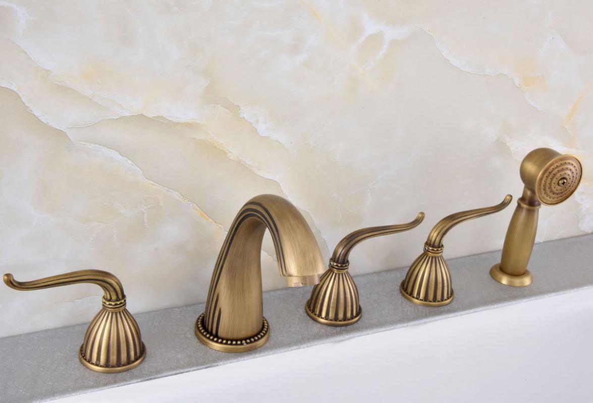 

Vintage Retro Antique Brass Widespread 5 Holes Bathroom Roman Tub Bath Faucet with Telephone Style Hand Held Shower Head atf242