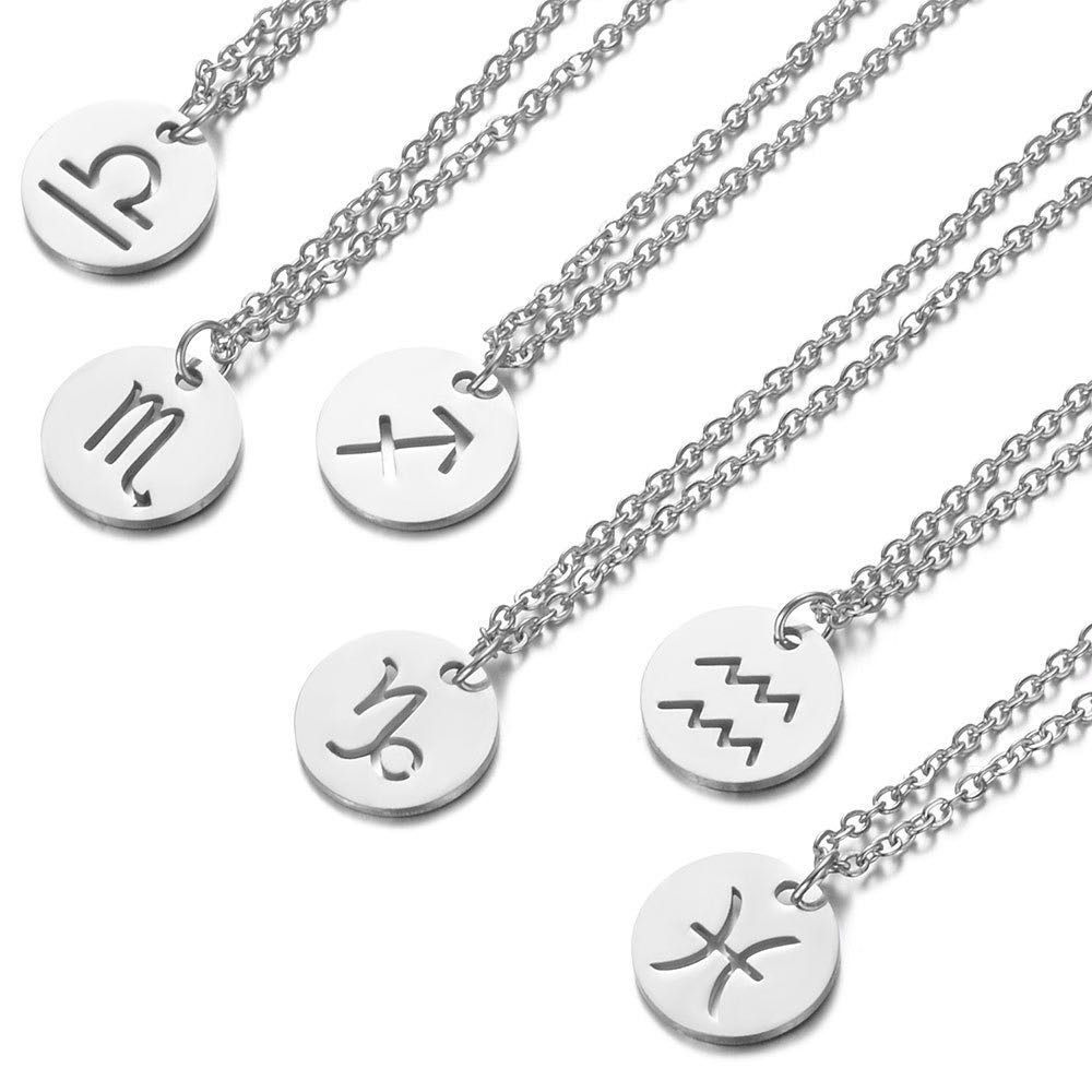 10pcs Hollow Star Sign Pattern Horoscope Stainless Color Necklaces Round Coin 12 Zodiac Constellation Necklaces Chain Jewelry for Gift-image-582847454