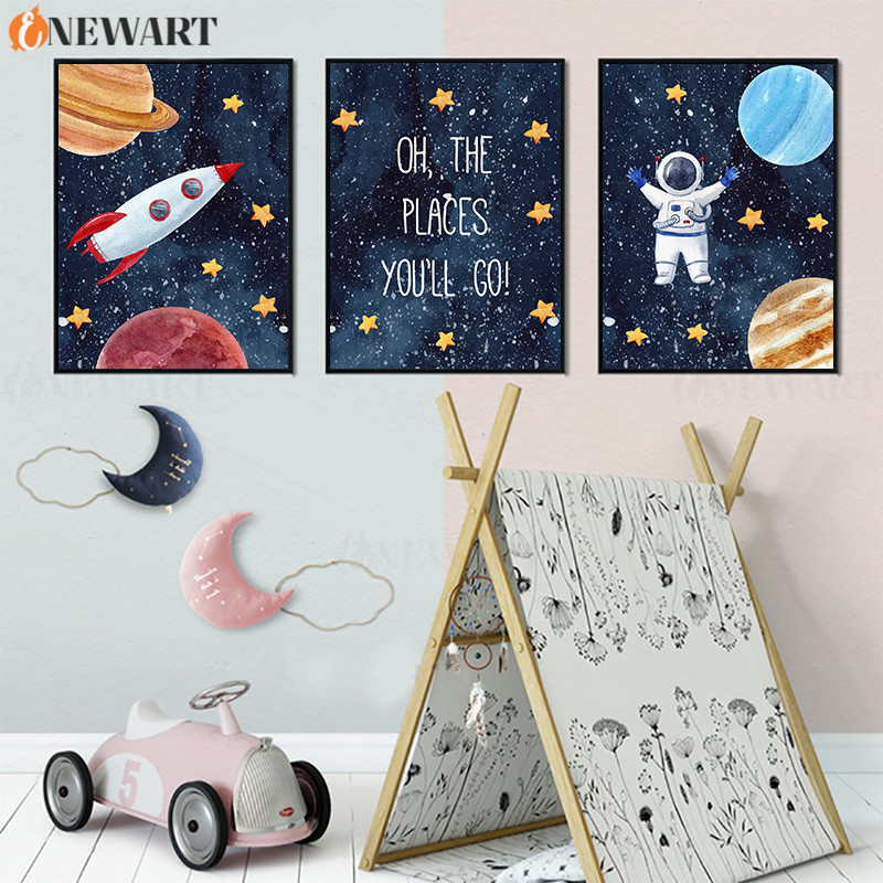 

Baby Nursery Wall Art Nodic Decor Cartoon Astronaut Space Rocket Picture Kids Bedroom Decoration Poster Canvas Painting