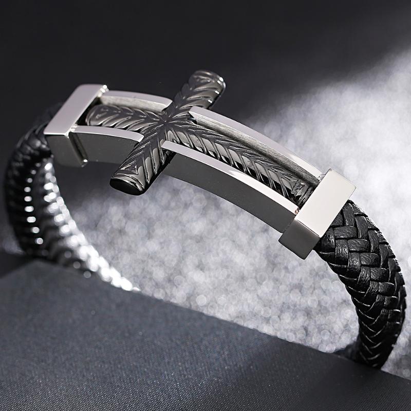 

Cross Jewelry Men's Braided Leather Bracelets For Men Bracelet With Magnet Clasp Black Stainless Steel Wrap Bangle Logo Engrave