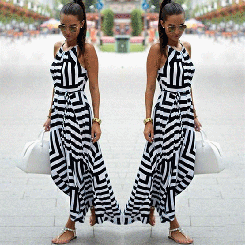 

Bigsweety New Fashion Women Sexy Boho Striped Dress Summer Maxi Long Dress Sleeveless Beach Strap Sundress Vestidos For Female, White