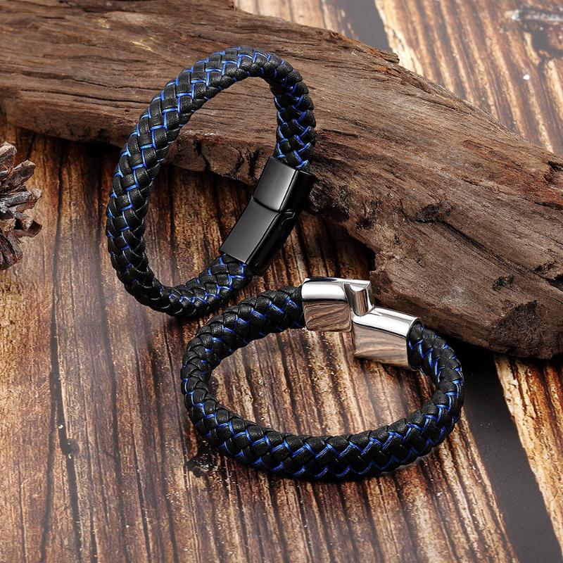 

Fashion Hand-Made Leather Bracelet for Men Boy Stainless Steel Magnetic Wristband Charm Bangle Sporty Style Male Jewelry