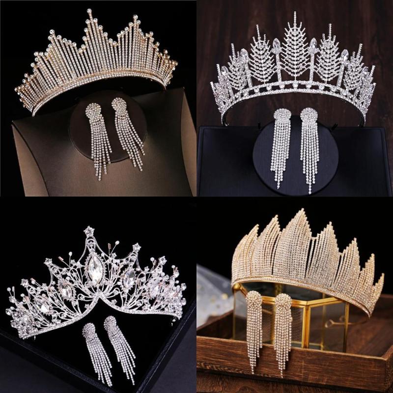 

Baroque Luxury Silver Color Crystal Bridal Tiaras Crown With Earrings Rhinestone Pageant Diadem Wedding Hair Accessories Bijoux