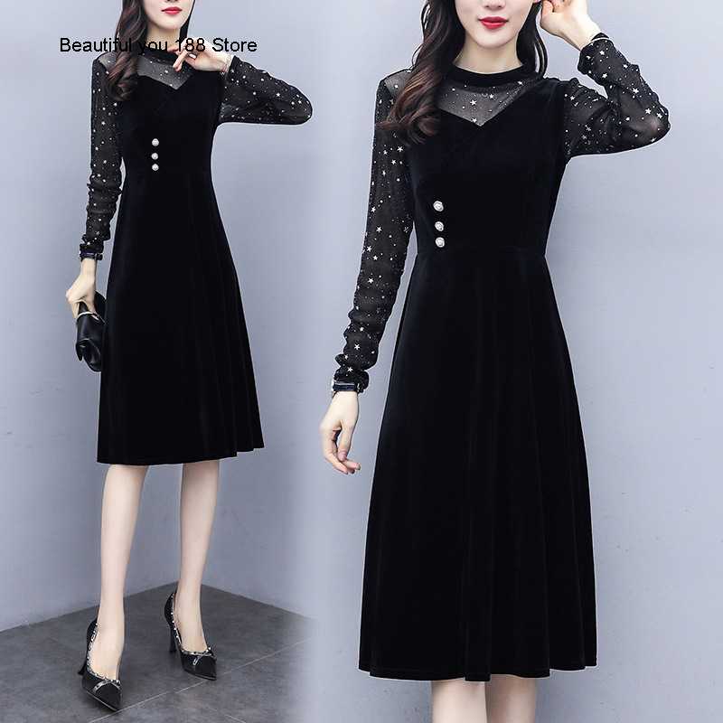

and Autumn women' Spring wear 2020 new goddess Hepburn black gold velvet temperament waist two-piece dress