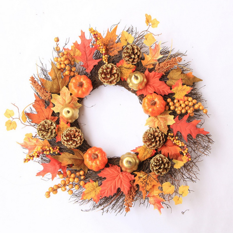 

60cm Artificial Pumpkin Wreath Autumn Christmas Thanksgiving Day Front Door Wall Hanging Garland Luxury Wreath, Gold