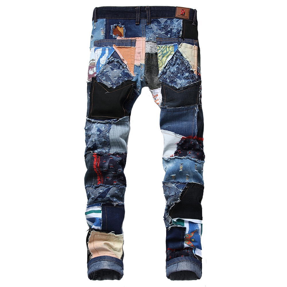 

2020 Colorblock Patchwork Jeans Spring Autumn Winter Men's Spliced Ripped Denim Pants Male Fashion Slim Colored Patch Straight Jeans, Black-248