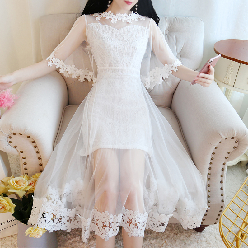 

Summer Sweet Princess Princess Fairy Dress Hollow Out Lace Sweet Mesh Streetwear Dress Party Beach Dresses, Blue