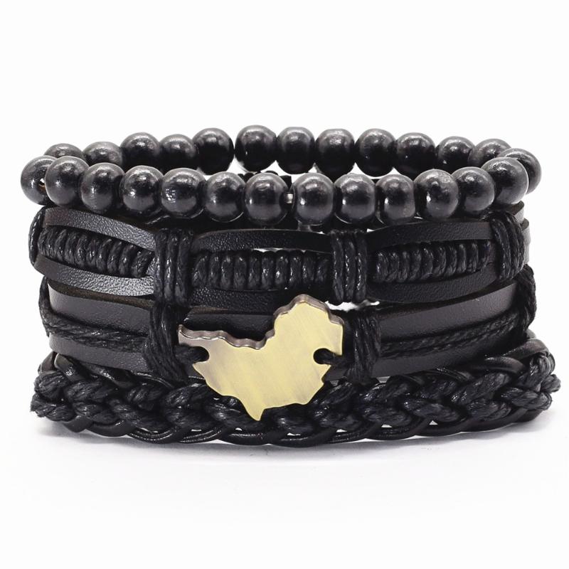 

Hand Woven Wood Beads Bronze Map Dog Charm Leopard Print Brown Black Leather Women Bracelets Men Bangle Homme Femme Jewelry