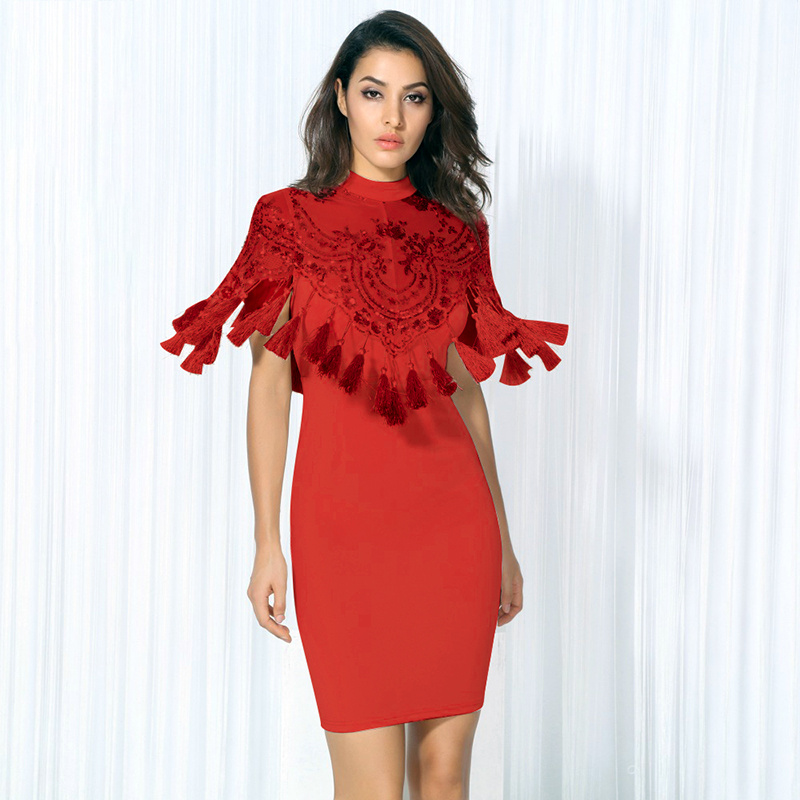 

Top Quality Red Black Tassel Sleeveless Rayon Bandage Dress Evening Party Pencil Dress