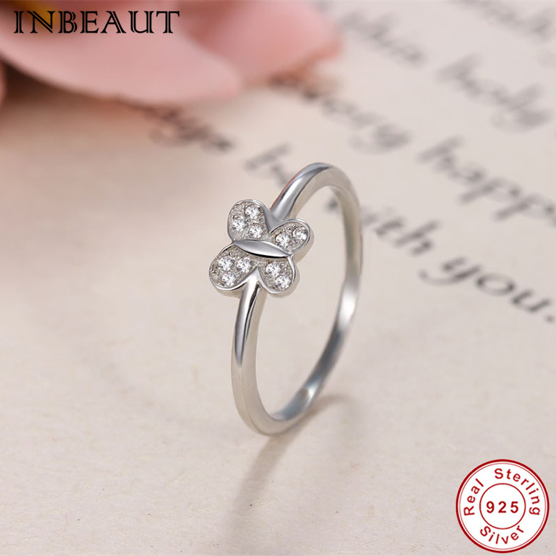 

INBEAUT Women Fashion 100% Genuine 925 Sterling Silver Princess White Round Zircon Stone Paved Cute Butterfly CZ Wedding Ring