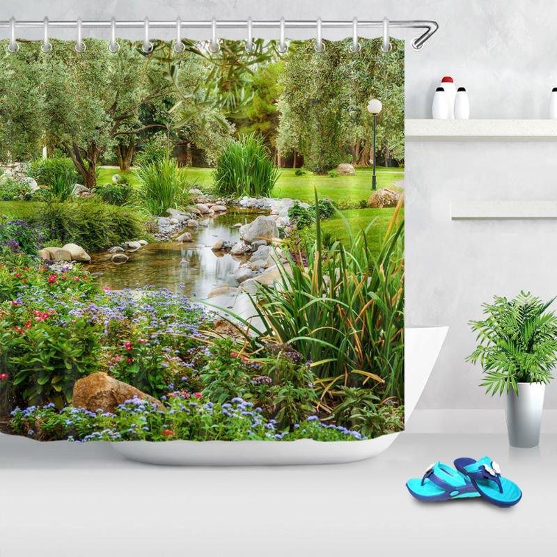 

Spring Landscape Garden Pond Plant Tree Flowers Green Grass Bathroom Shower Curtain Fabric Waterproof Polyester Bath Curtain