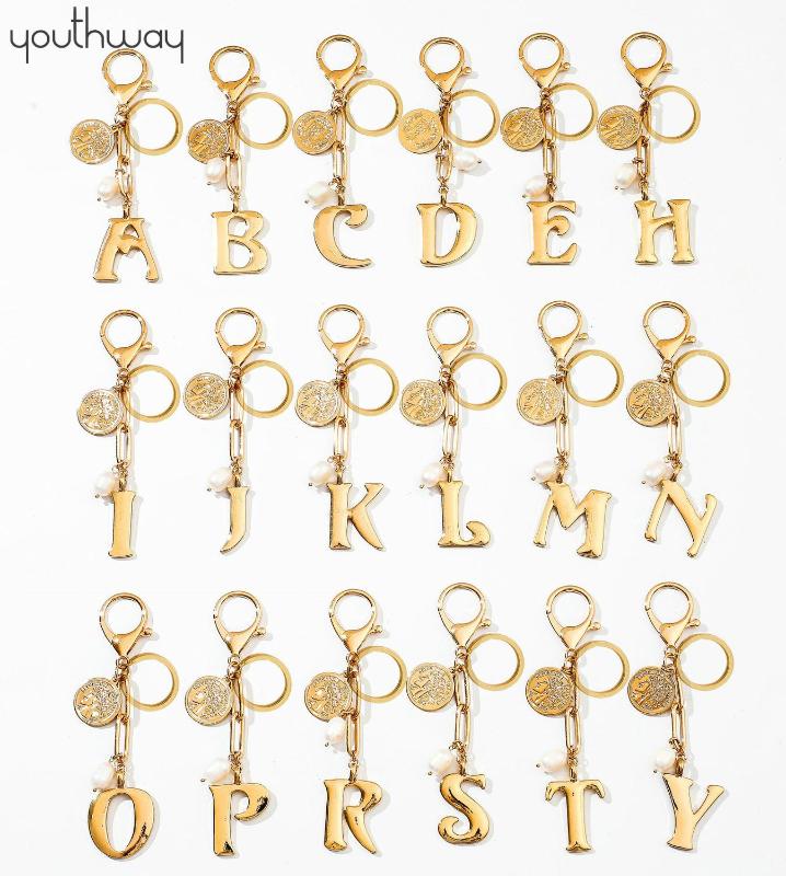 

Gold Color Metal Initial Alphabet key Chain Natural freshwater pearl Charm Brass Coin Pendant Key ring Car bag accessories