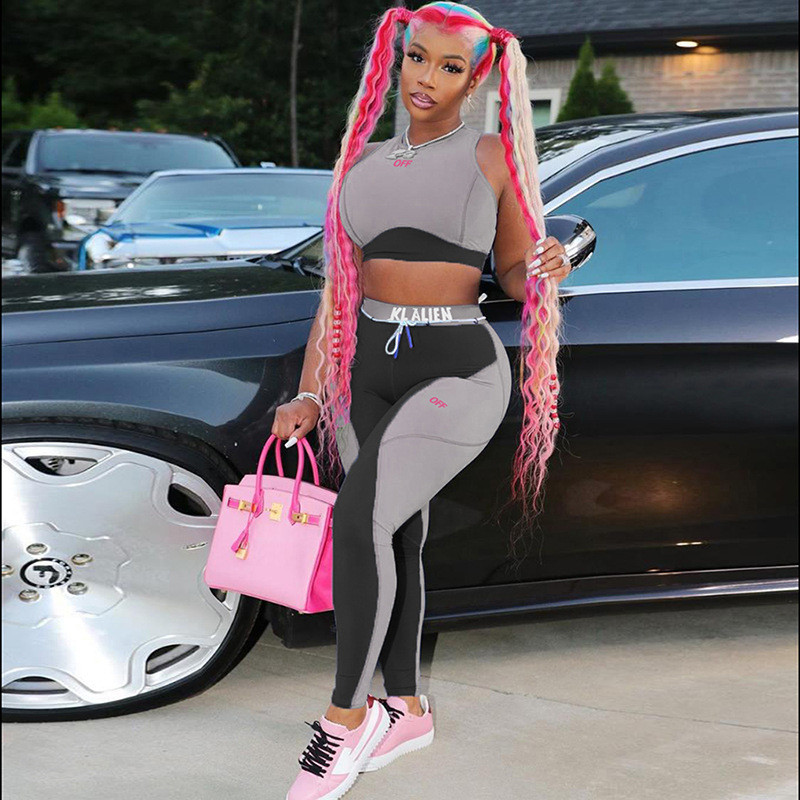 

Letter Print Casual Sporty Female Tracksuits Sleeveless Workout Active Wear 2 Piece Outfits Fitness Tank Top And Pants Set, Black