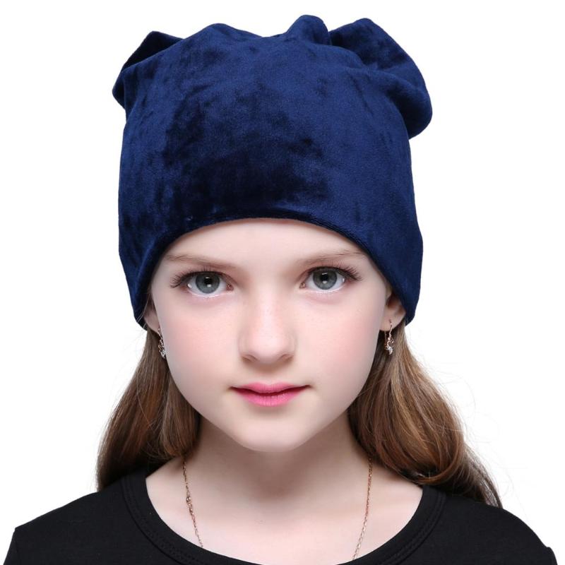 

Autumn Winter Warm Skullies Beanies Polyester Knitted Hats Casual Velvet Skullies Cap For Children Girls Plain Color Beanie Hat, Black