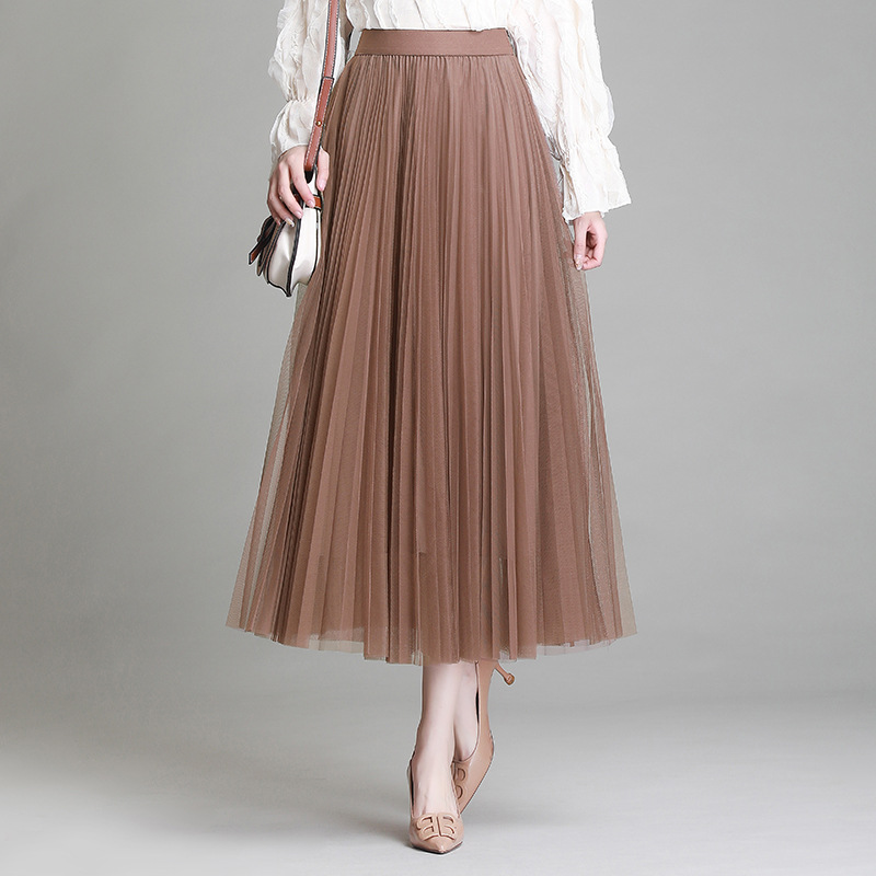 

Korean Fashion WOmen Maxi Skirt 2020 Runway Designer Elastic Waist 3 Layers Mesh Pleated Skirt WOmen Pur COlor Long Tutu SKirts, 8582 khaki