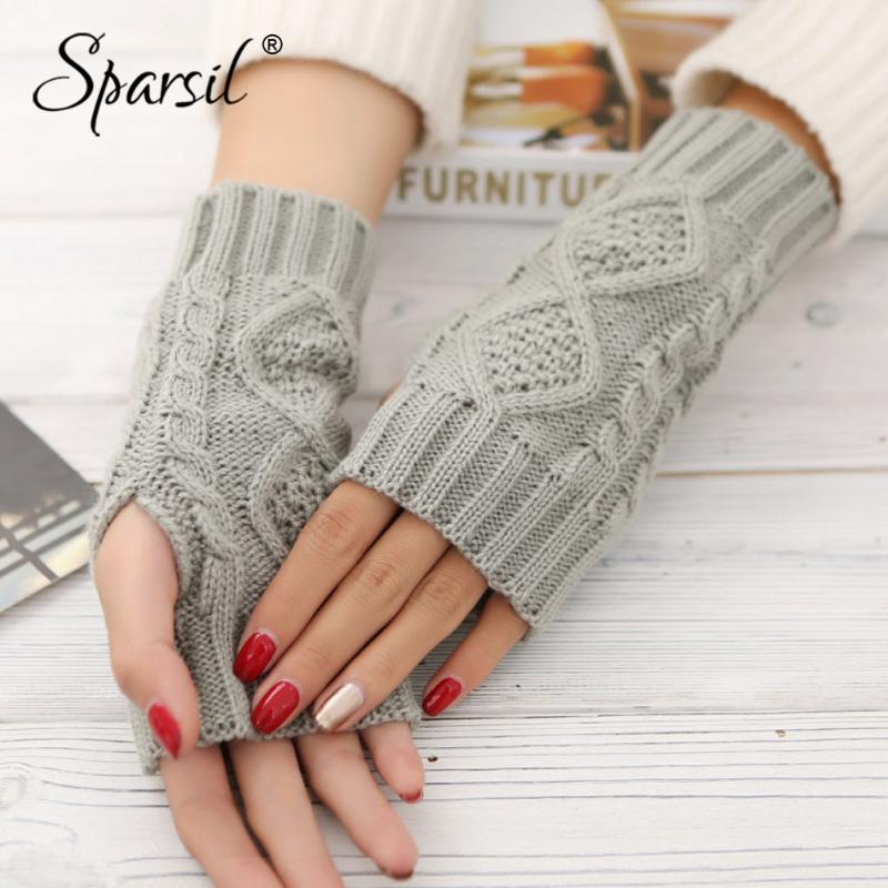 

Sparsil Women Winter Knit Fingerless Gloves Warm Wool Knit Glove 20cm Jacquard Half-Finger Mittens Elastic Short Wrist Protector
