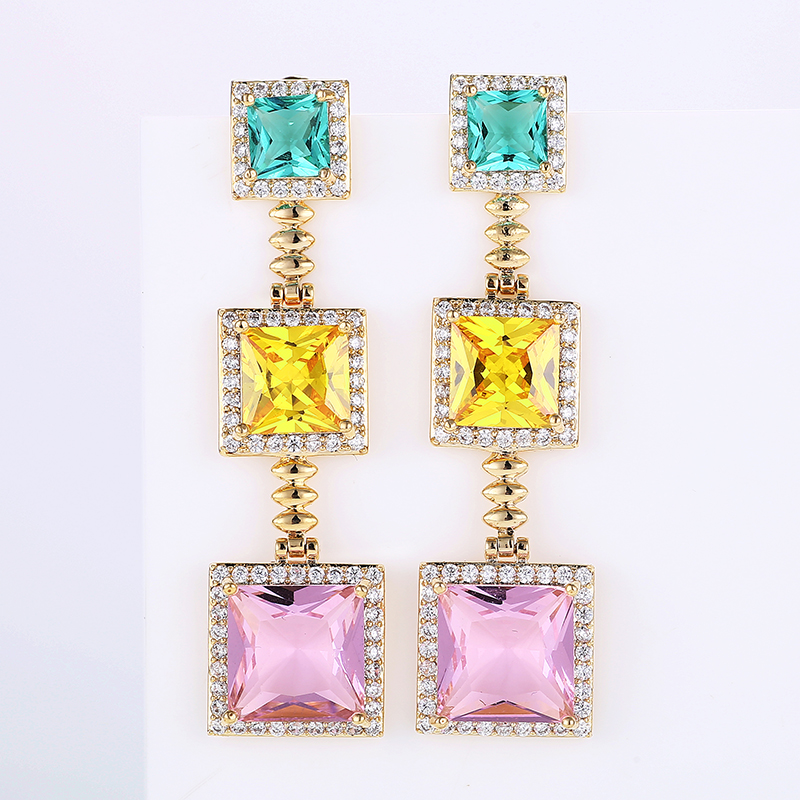 

Geometric Square Colorful Zirconia Drop Earrings Fashion Women Jewelry Copper Metal Plating Earrings XIUMEIYIZU New Summer