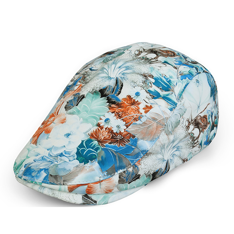 

New 2020 Women Hat Real Leather Print Flat Cap Sheepskin Leather Flower British Vintage Designer Brand Autumn Winter Beret Hat, Multi 5
