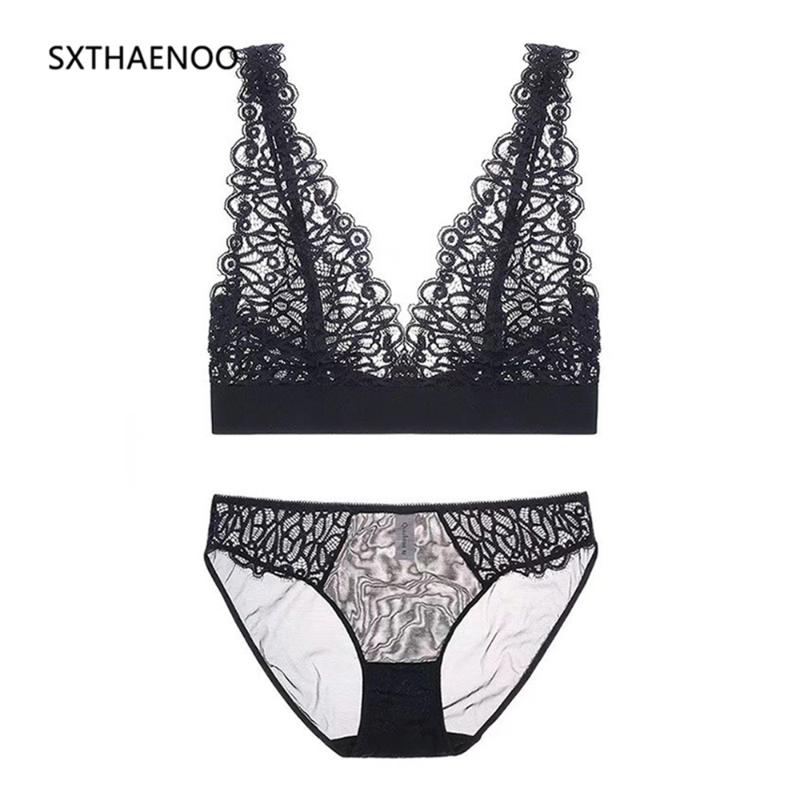 

SXTHAENOO Fashion Sexy Romantic Transparent Temptation Lace Bra Set Young Women Underwear Set Lade Bra And Panty, Black