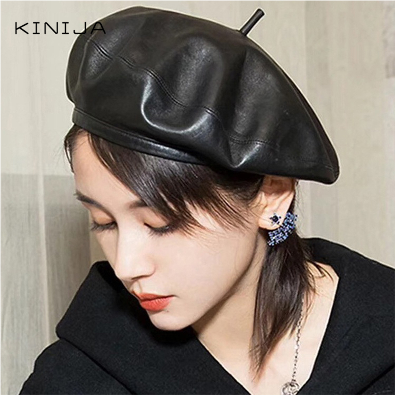 

HOT Hepburn Wind Women Hat PU Leather French Artist Beret Cap Fashion Beret For Girls Soft British style Painter femel, Black