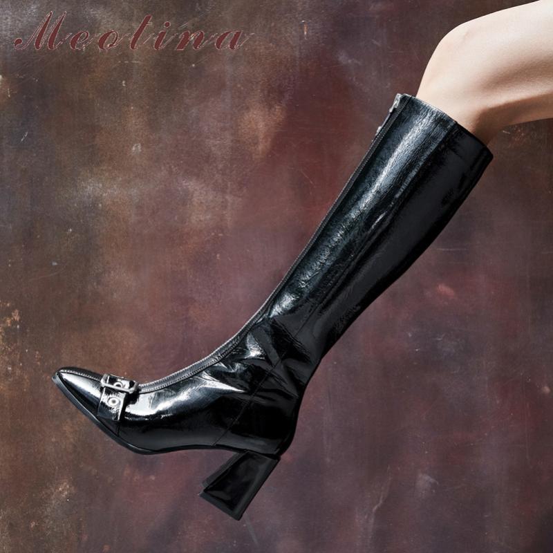 

Meotina Winter Knee High Boots Women Patent Leather Buckle Thick High Heel Long Boots Zipper Square Toe Shoes Lady Autumn 34-39, Black