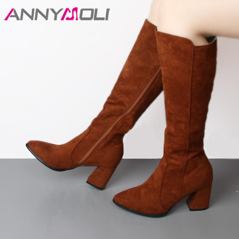 

ANNYMOL High Heel Boots Winter Knee High Boots Women Pointed Toe Zipper Female Fashion Footwear Black Brown Big Size 33-46