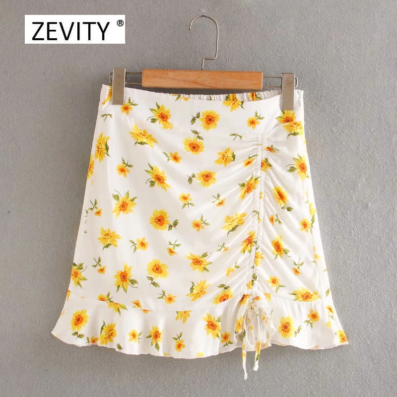 

Zevity Women fashion floral print hem ruffles irregular skirt faldas mujer ladies chic high waist side zipper mini skirts QUN646, As pic qun646ww