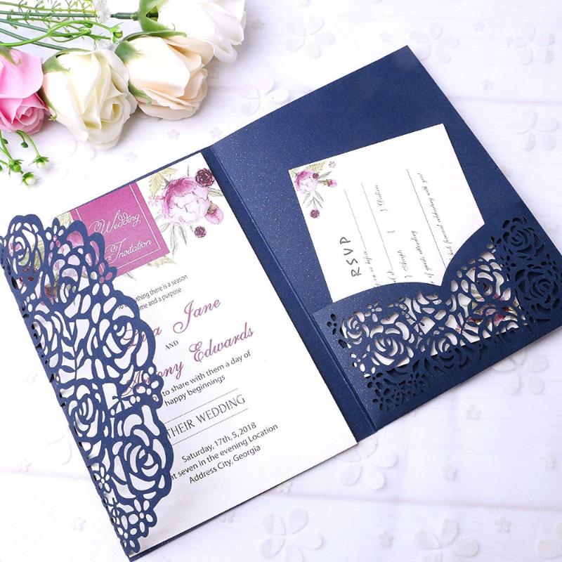 

PONATIA 20 PCS Laser Cut 5x7 Invitations Card With Burgundy Ribbon For Wedding Bridal Shower Engagement Birthday (Navy Blue