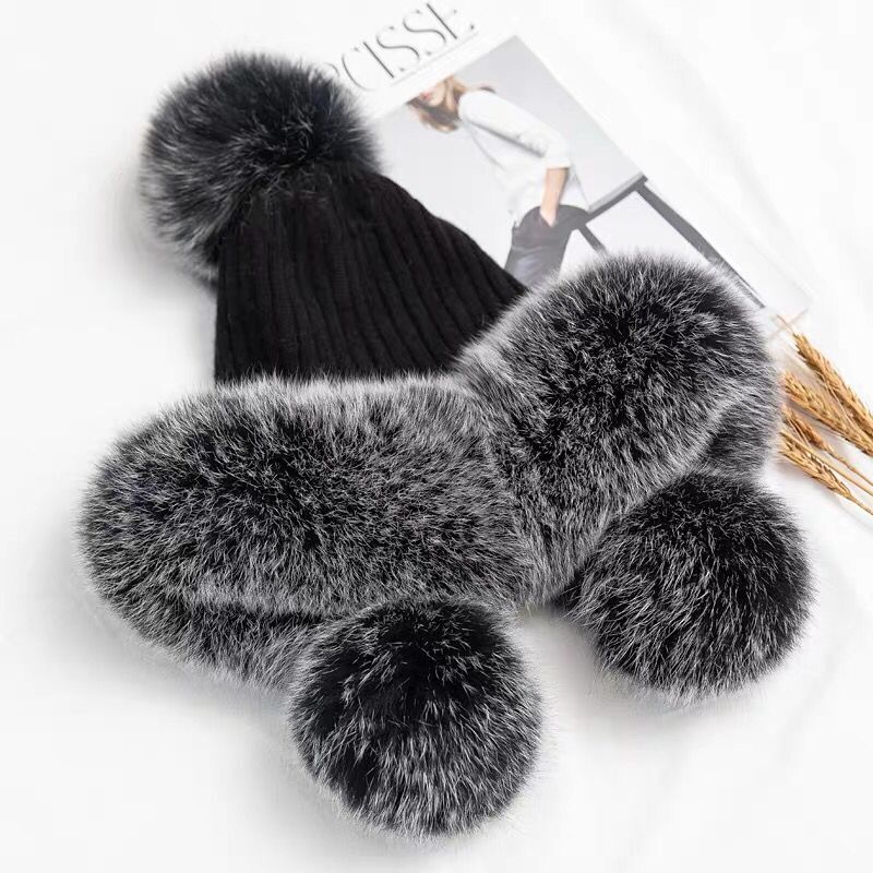 

CX-C-247A Women Winter Warm Fur Trim 100% Wool Knit Hats with Real Fur Pom Poms Hat, White