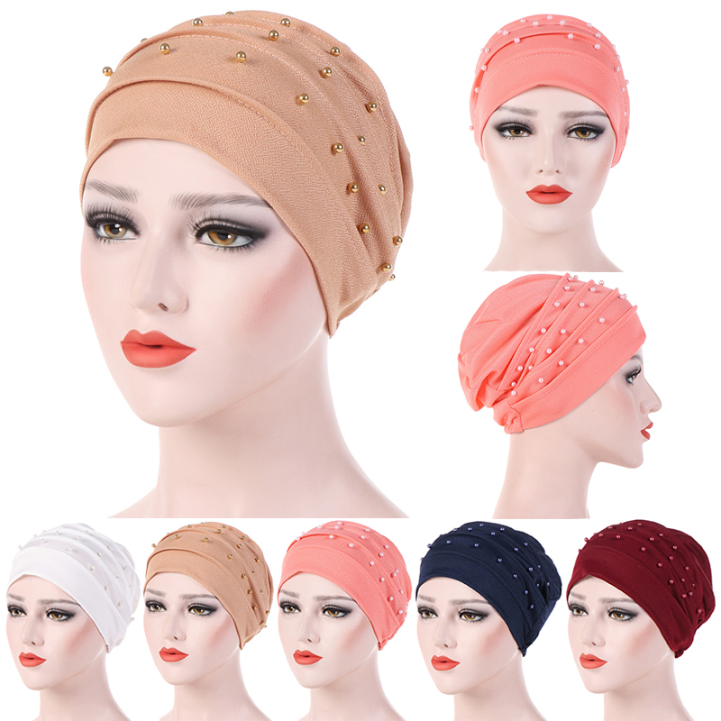

Muslim Women Turban Scarf Pearl Turban Hat Cancer Chemo Beanies Cap Islamic Wrap Headscarf Musulman Femme Hijab Hair Accessories