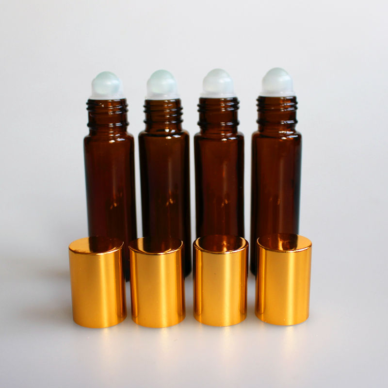 

1pc/5pcs 10ML Thick Amber Glass Roll On Perfume Bottle Glass Essential Oil Vials with Roller Ball and Shiny Gold Cap