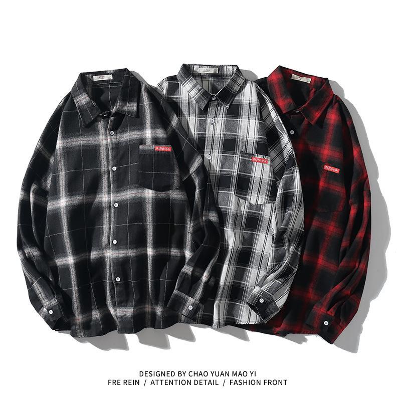 

Japan Style Brand Casual Plaid Shirt For Men'S Long Sleeve 2020 Spring Autumn BLACK WHITE Clothing, 141 3