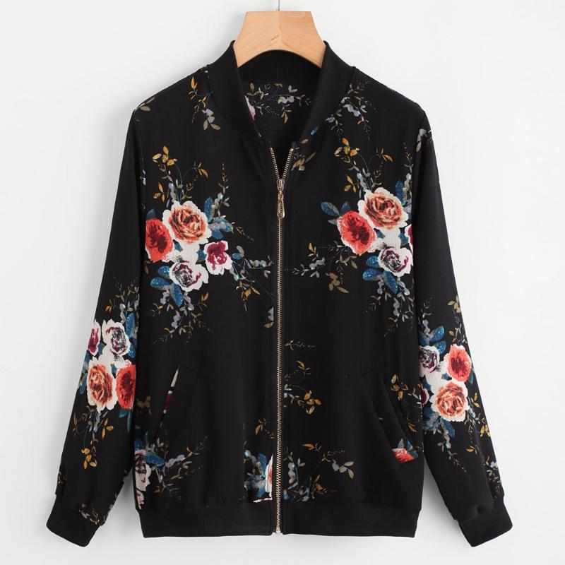 

Jacket Women Spring Fashion Casual Floral Bomber Jacket Chaqueta Mujer Veste Femme Ceket Kurtka Bolerko Cazadora Mujer Free Ship, Black