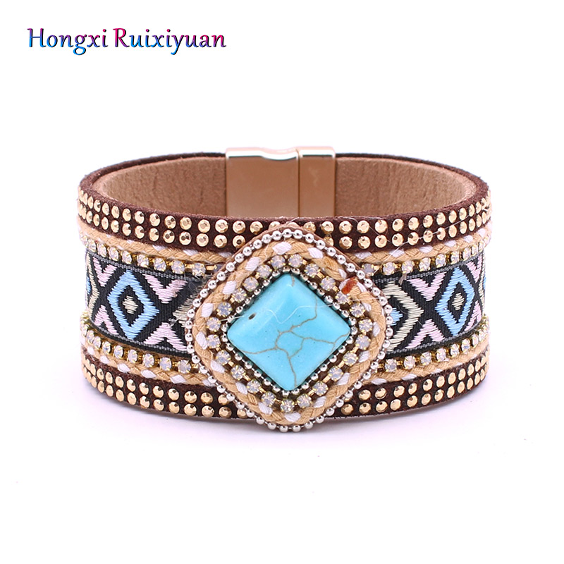 

Handmade Jewelry Bracelet Bohemian Style Retro Geometric Pattern Bracelet Rhinestone Braided Leather Friendship Jewelry