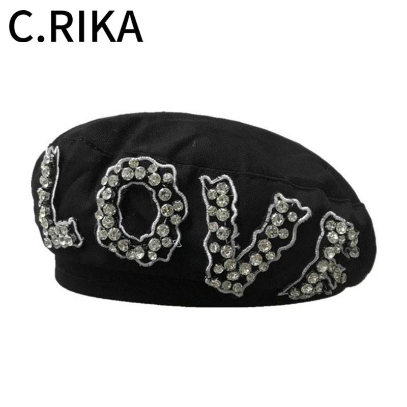 

Autumn Winter Women Vigtage Rhinestones Cotton Letter Berets Hat Female French Hat Lady Girl Fashion Walking Beret Painter Caps, Black