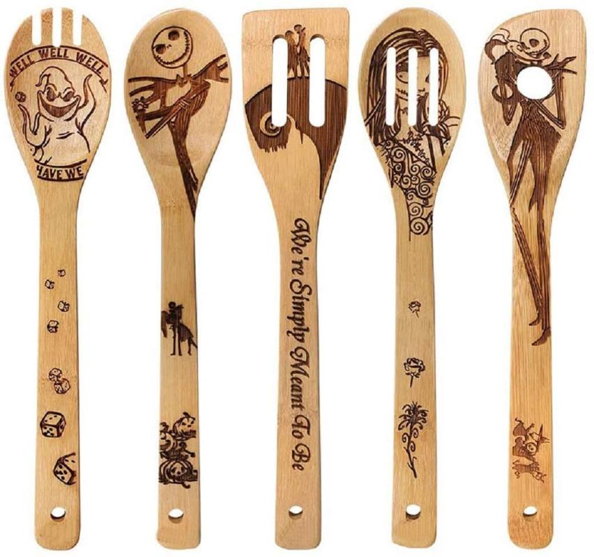 

5Pcs Portable Tableware Wooden Spoons Halloween Gift Idea Utensil Burned Set House Warming Wedding Cookling Dinnerware Set #40