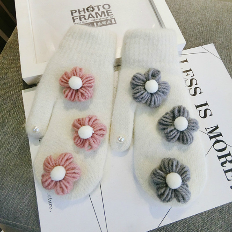 

Five Fingers Gloves Korean Wool Flowers Cute Warm Even Mitten Autumn And Winter Female Accessories