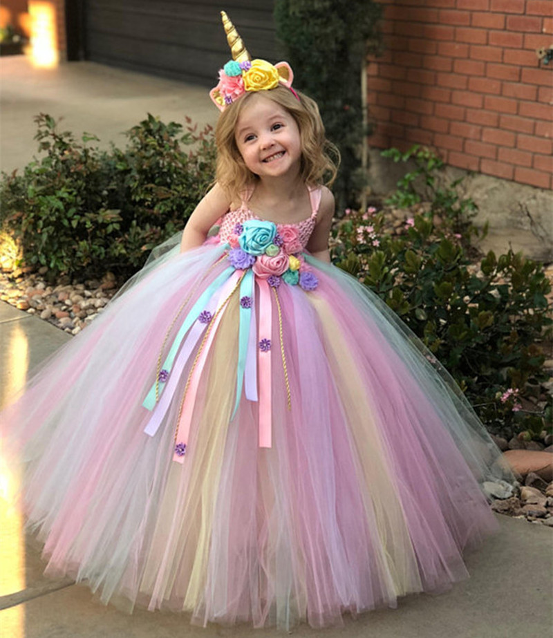 

Girls Pastel Unicorn Flower Tutu Dress Kids Crochet Tulle Strap Dress Ball Gown with Daisy Ribbons Children Party Costume Dress, Multi