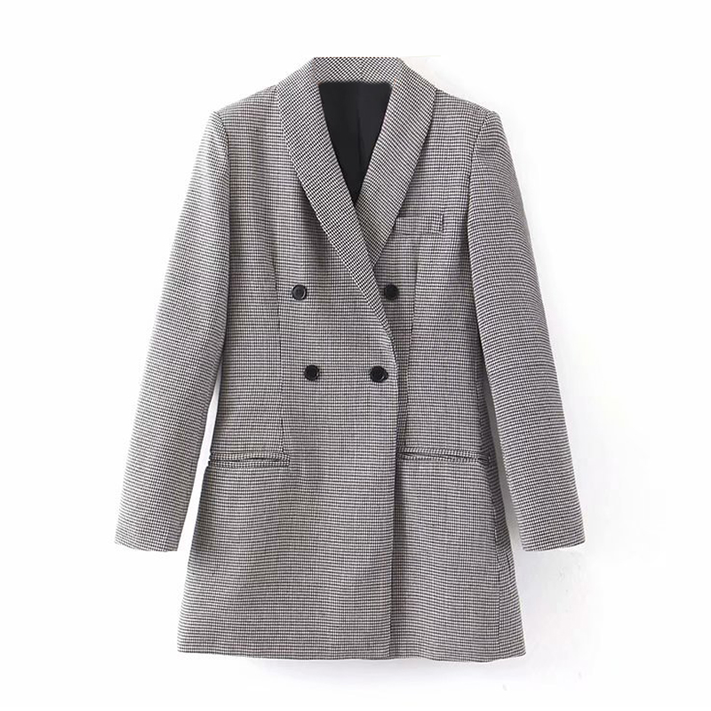 

Vintage Women Double Breasted Plaid Blazers Suit Shawl Collar Long Sleeve Houndstooth Coat Pockets Offfice Jacket Lady Outwear, Khaki