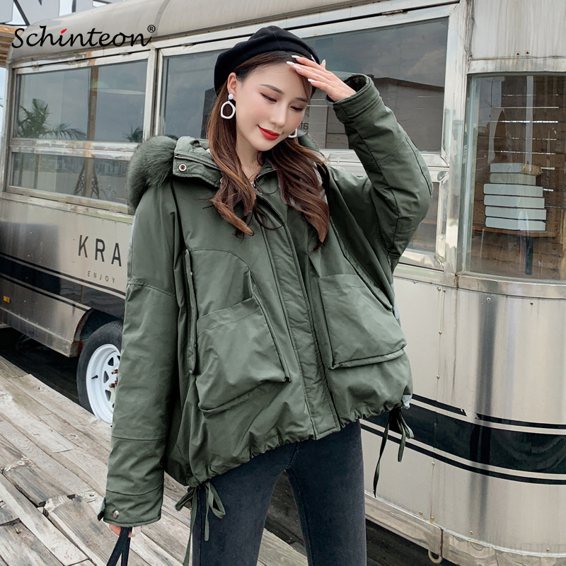 

Schinteon Women Big Fur Down Jacket Loose Over Size Outwear Warm Winter Short Coat Removable Lining White Duck Down Parka, Black