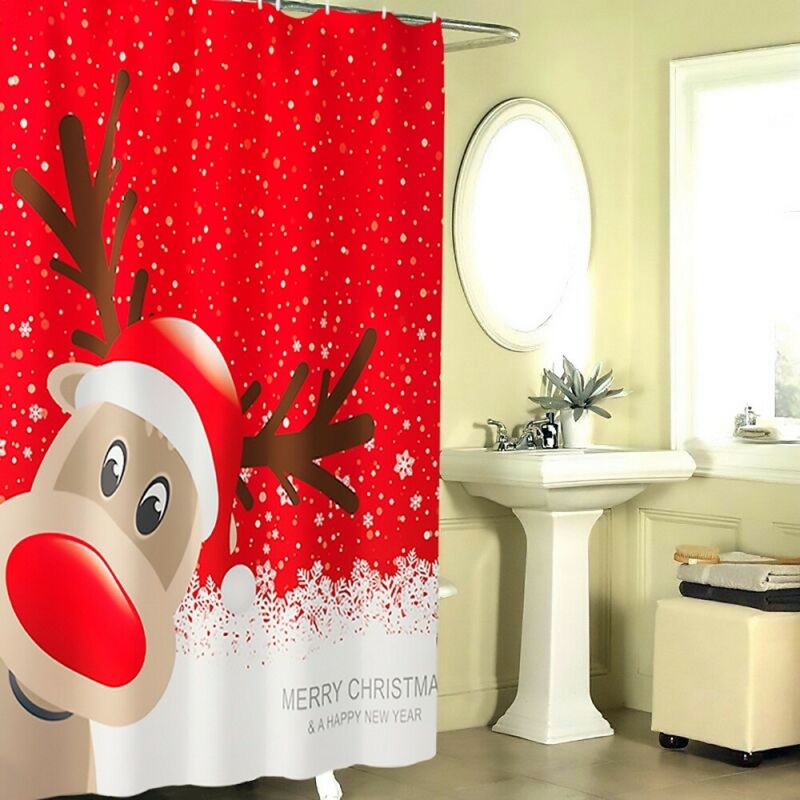 

Digital Printing Waterproof Shower Curtain Christmas Moose Bathroom Decoration Rings