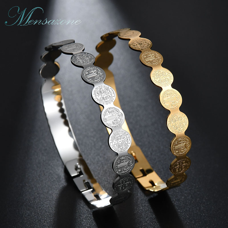 

MENSAZONE New Round JESUS Prayer Stainless Steel Gold Steel Color Bangle For Women Wedding Jewelry