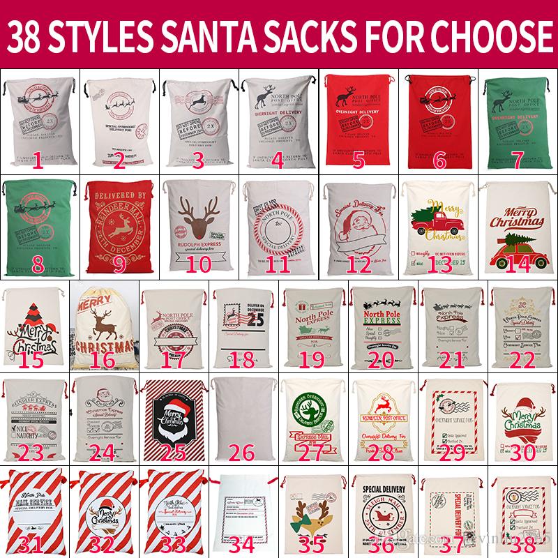 

Cheap In Stock Canvas Christmas Sants Bag Large Drawstring Candy Bags Santa Claus Bag Xmas Santa Sacks Gift Bags For Christmas Decoration